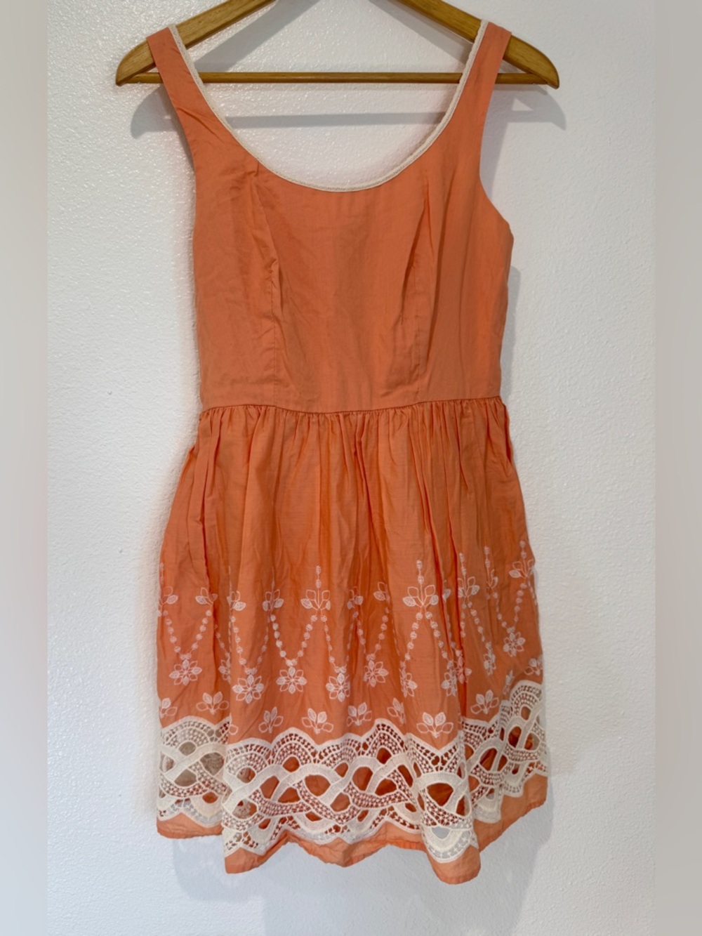 Vintage Y2K Peach Eyelet Lace Dress Sleeveless Fit Flare Cottagecore Mini 7/8